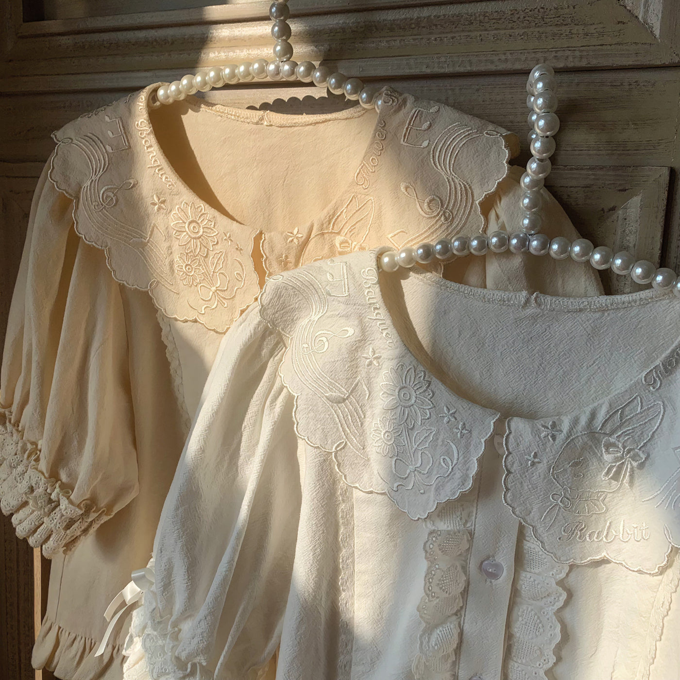 Flower Banquet - Bunny Embroidery - Kawaii Lolita cotton blouse with a doll-like collar - product detail 5