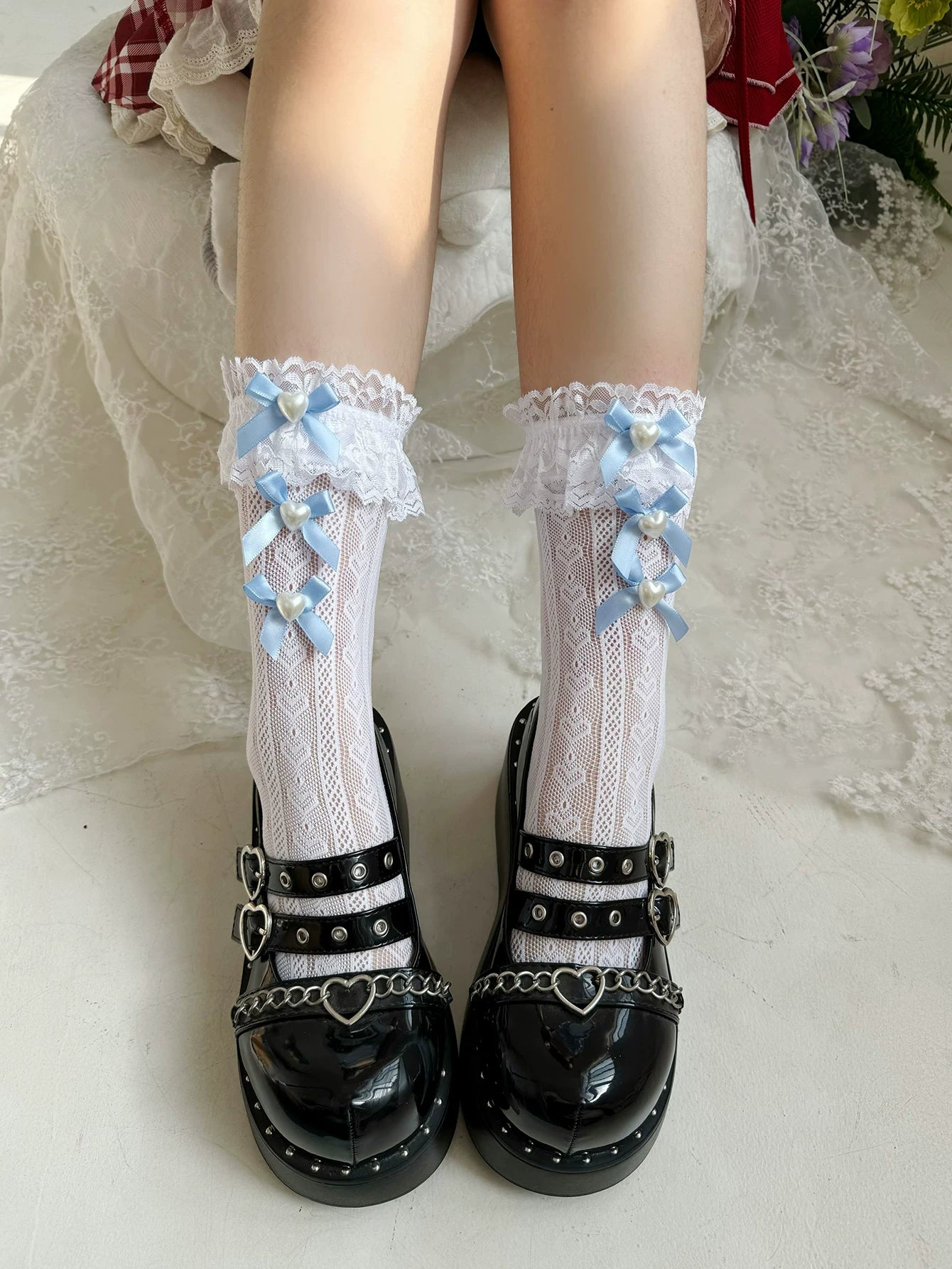 Fantasy Doll - Pearl Bow - Short Socks with Layered Lace Ruffles