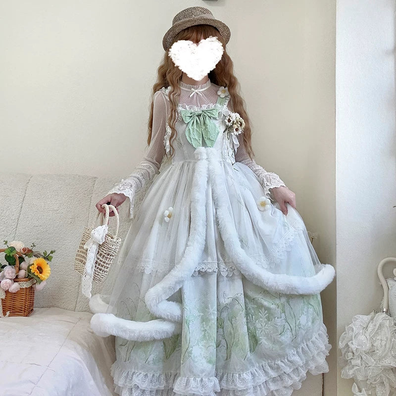 Yangyang Edelweiss Winter Lolita JSK & Layers — Green JSK + White Long-Sleeve Layering Top