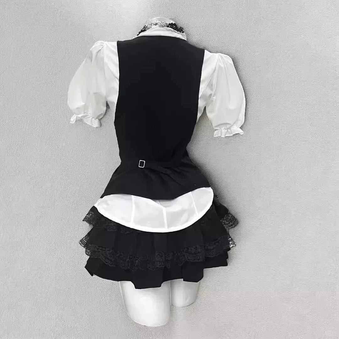 Creamy - Retro Artistry - Three-Piece Set with Blouse, Short Skirt and Vest