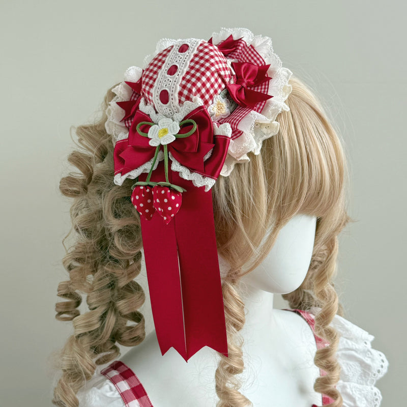 Her Vintage Society Strawberry Garden Red Riding Hood — No. 8 Red Strawberry Ribbon Flat Hat with Hidden Clip