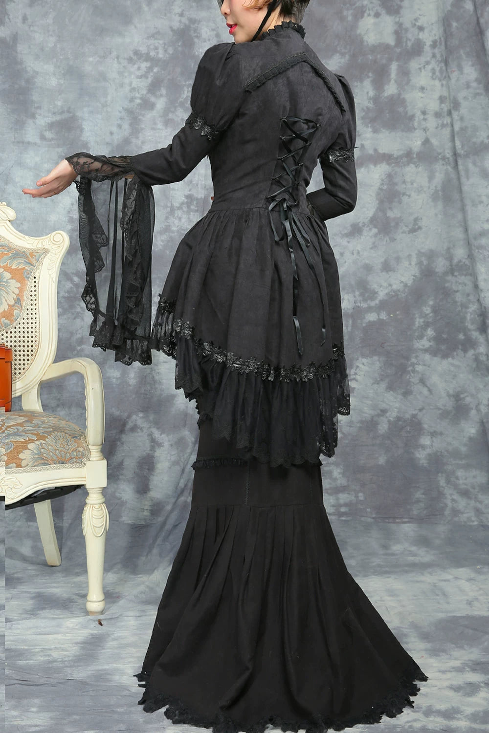 LACE GARDEN - Dark Lace - Black Mesh Outerwear and Mermaid Skirt Set with Lace Trim