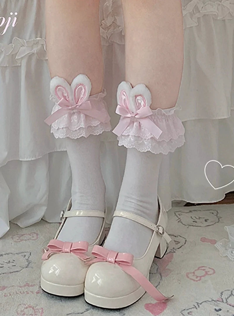 Roji Roji - Sweet Lolita Cotton Socks - Bunny Ear & Ribbon Bow Socks