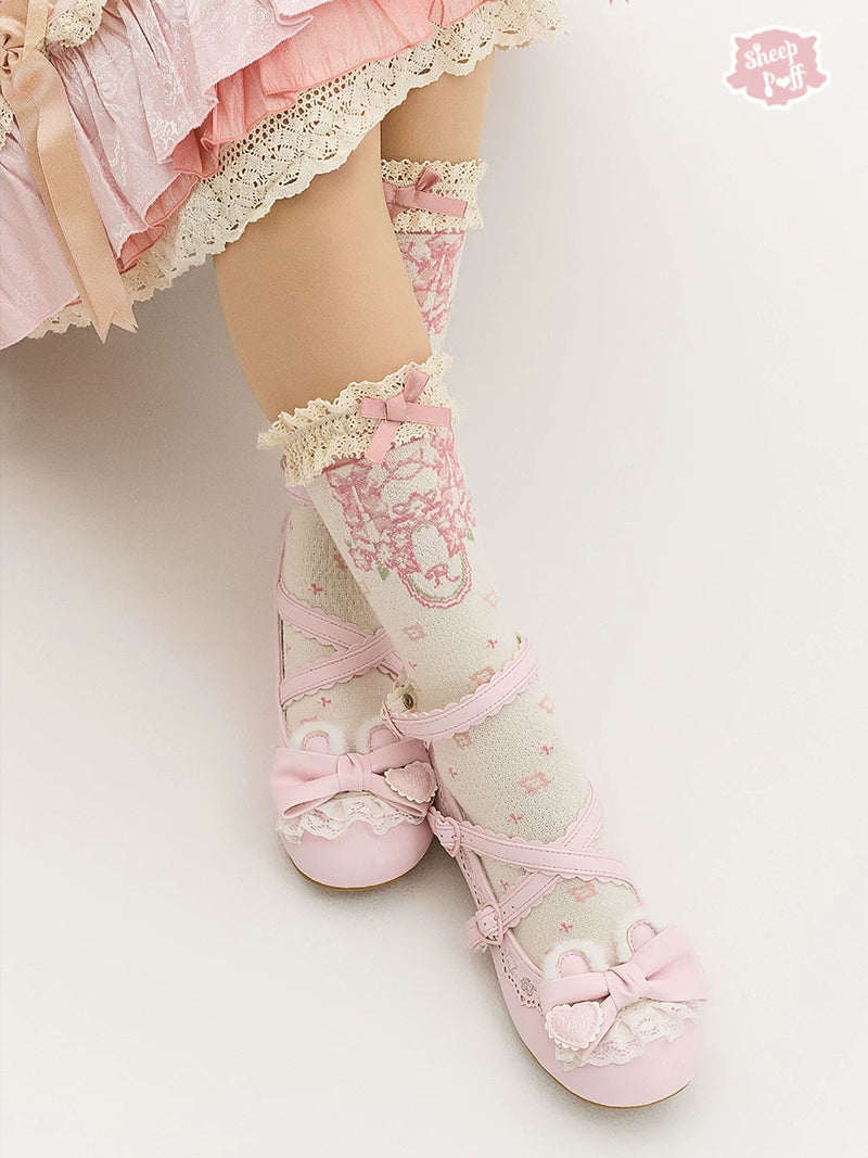 Sheep Puff Little Bear Sister Lolita Shoes, cute white shoes with bear and puff details, perfect for stylish kids' footwear.