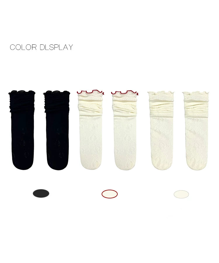 White Socks - Ballet Lace - Openwork Mid-Calf Socks with Layered Cuffs