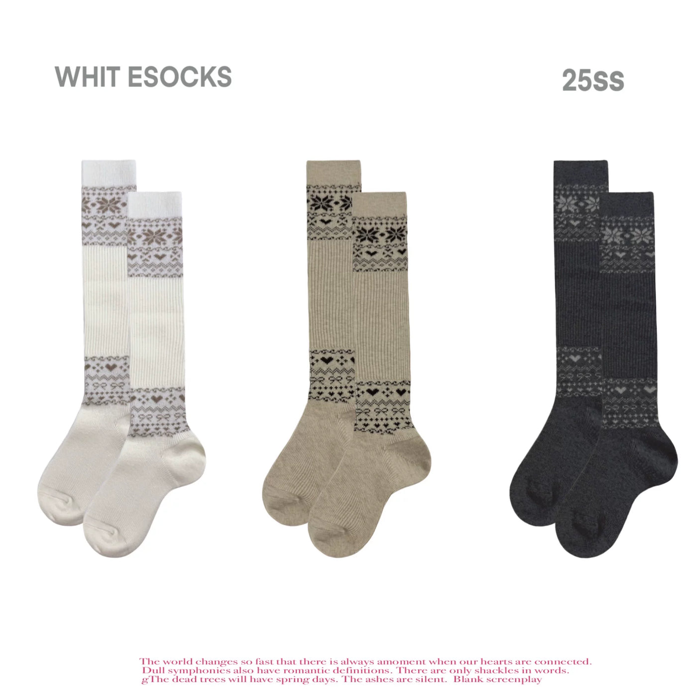 White Socks - Nordic Gray - Mid-Calf Slouch Socks with Fair Isle-Style Bands