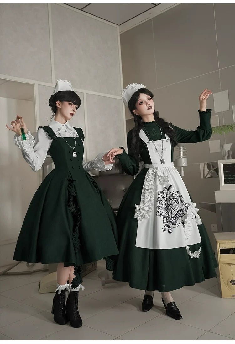 With PUJI - Abyss Clinic - Gothic Lolita Green Dress Set, Embroidery Accent