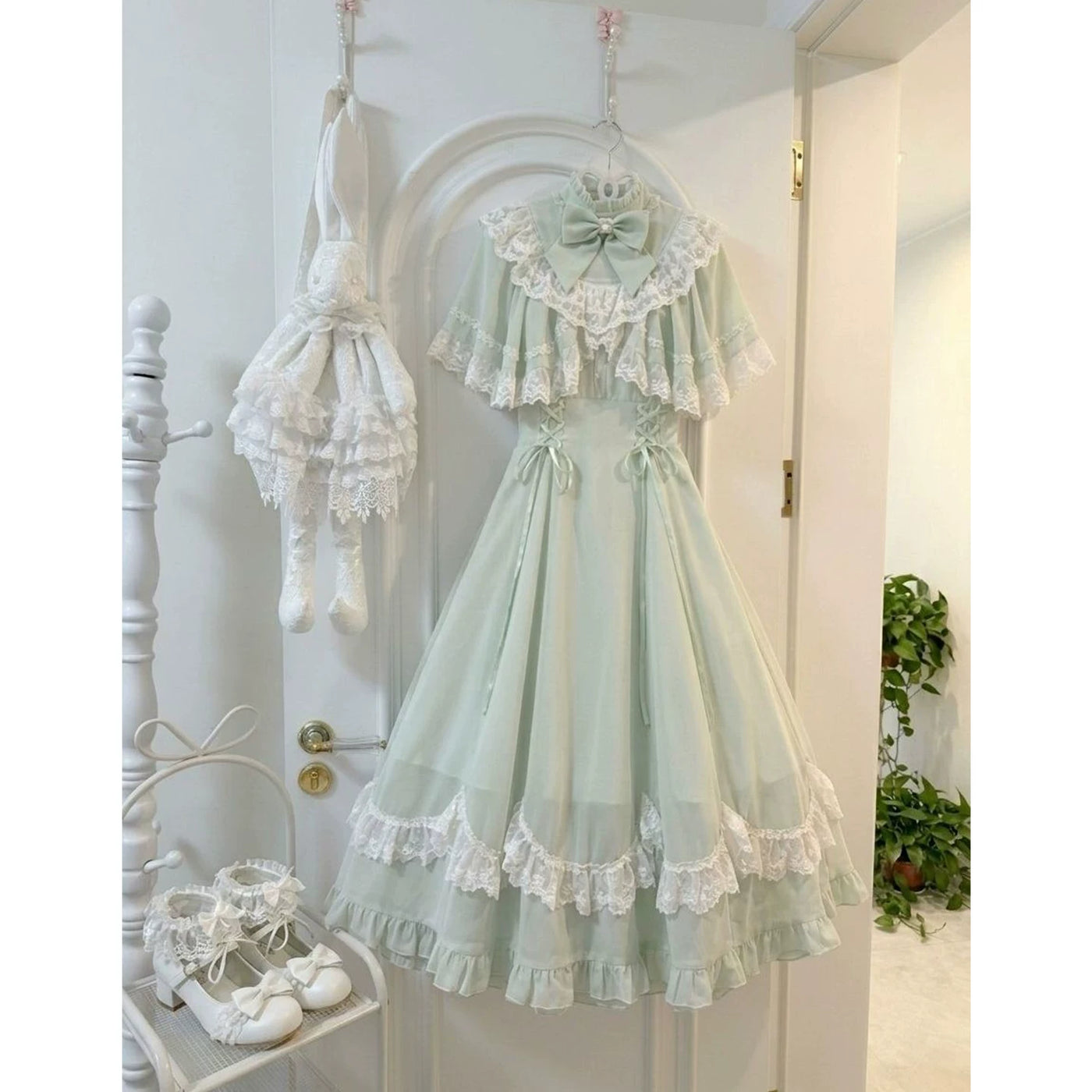 Creamy - Green Lace Cape - One-Piece Dress with Lace Cape and Ruffled Hem
