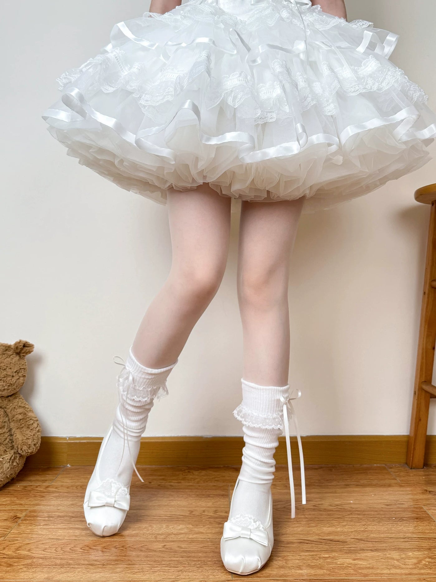 Chubby Bear Tales - Cream Ballet - Lightweight Calf Scrunch Socks with Lace Cuffs