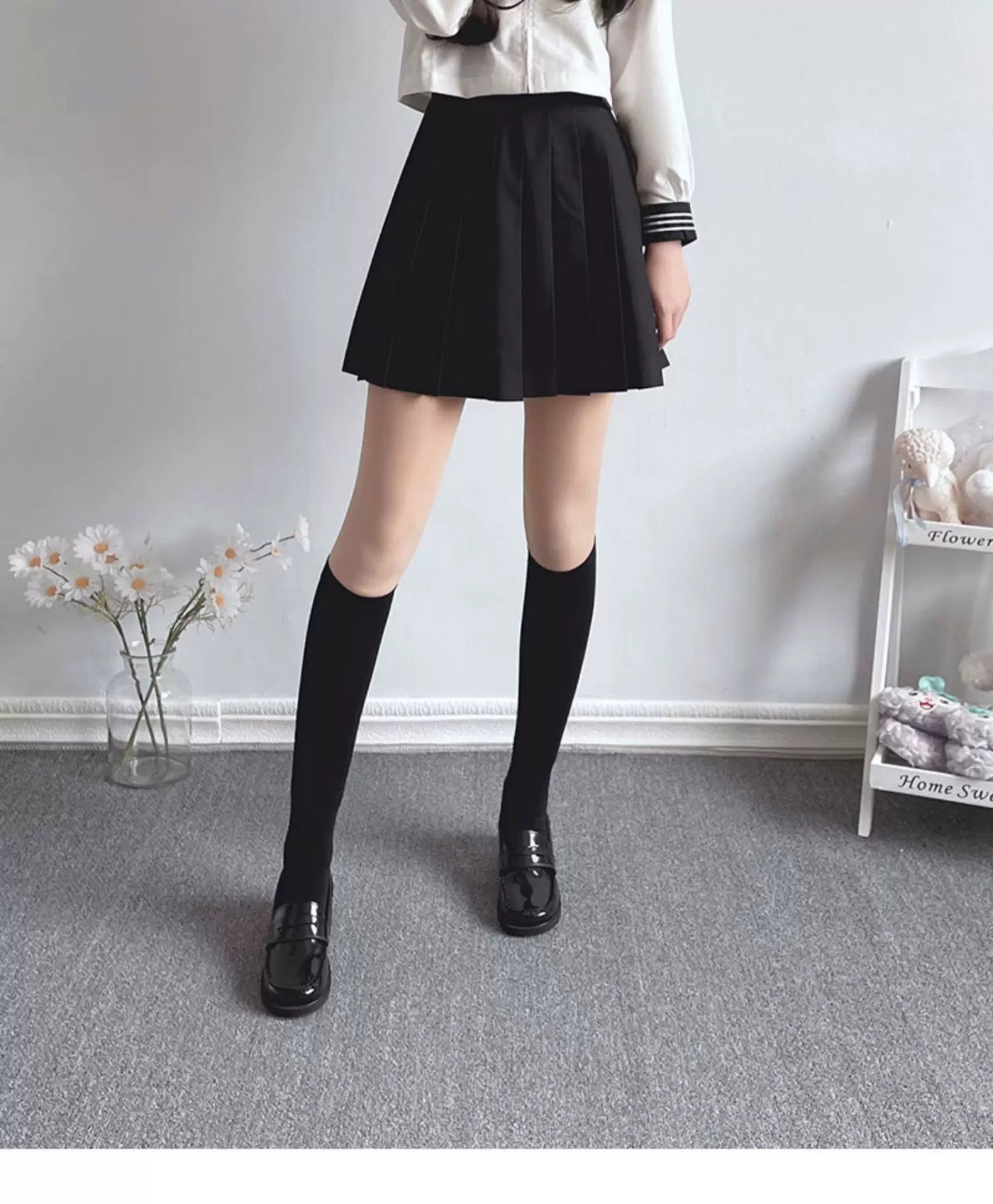 Floral Milk Cat - Black Multi-Length - Thin Heelless Socks in Four Lengths