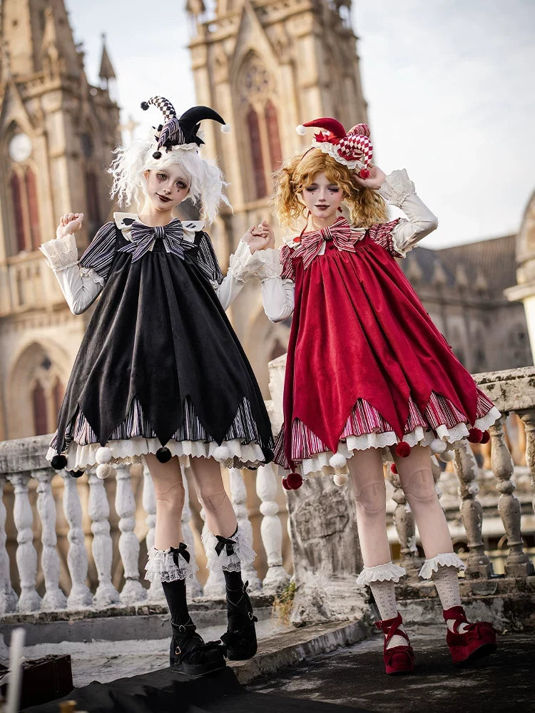 With PUJI - Puppet Mask - Clown Inspired Gothic Lolita OP Dress, Loose Fit