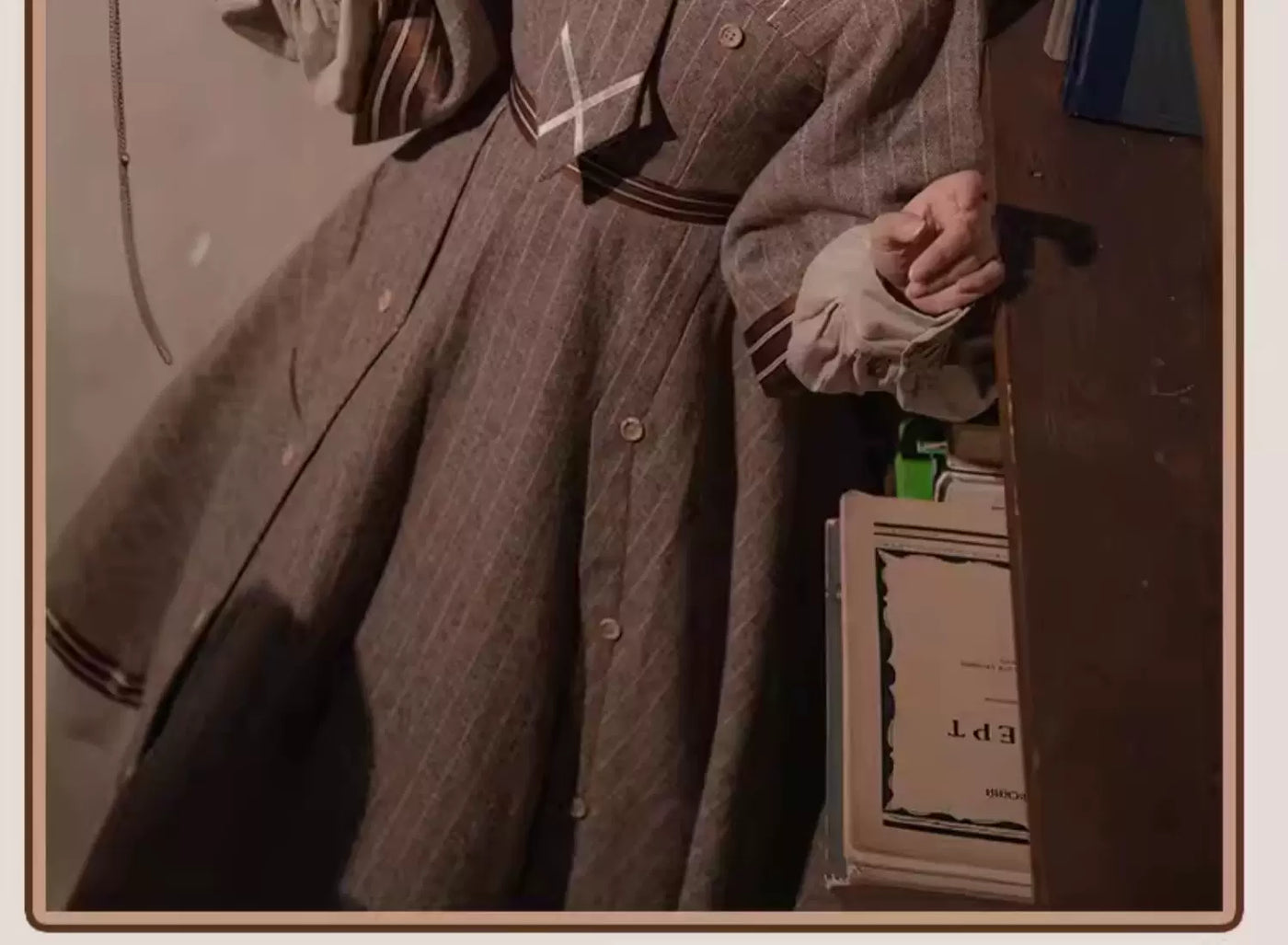 Baozi Pig - Detective Era - One-Piece Dress and Woolen Coat Set with Pinstripes