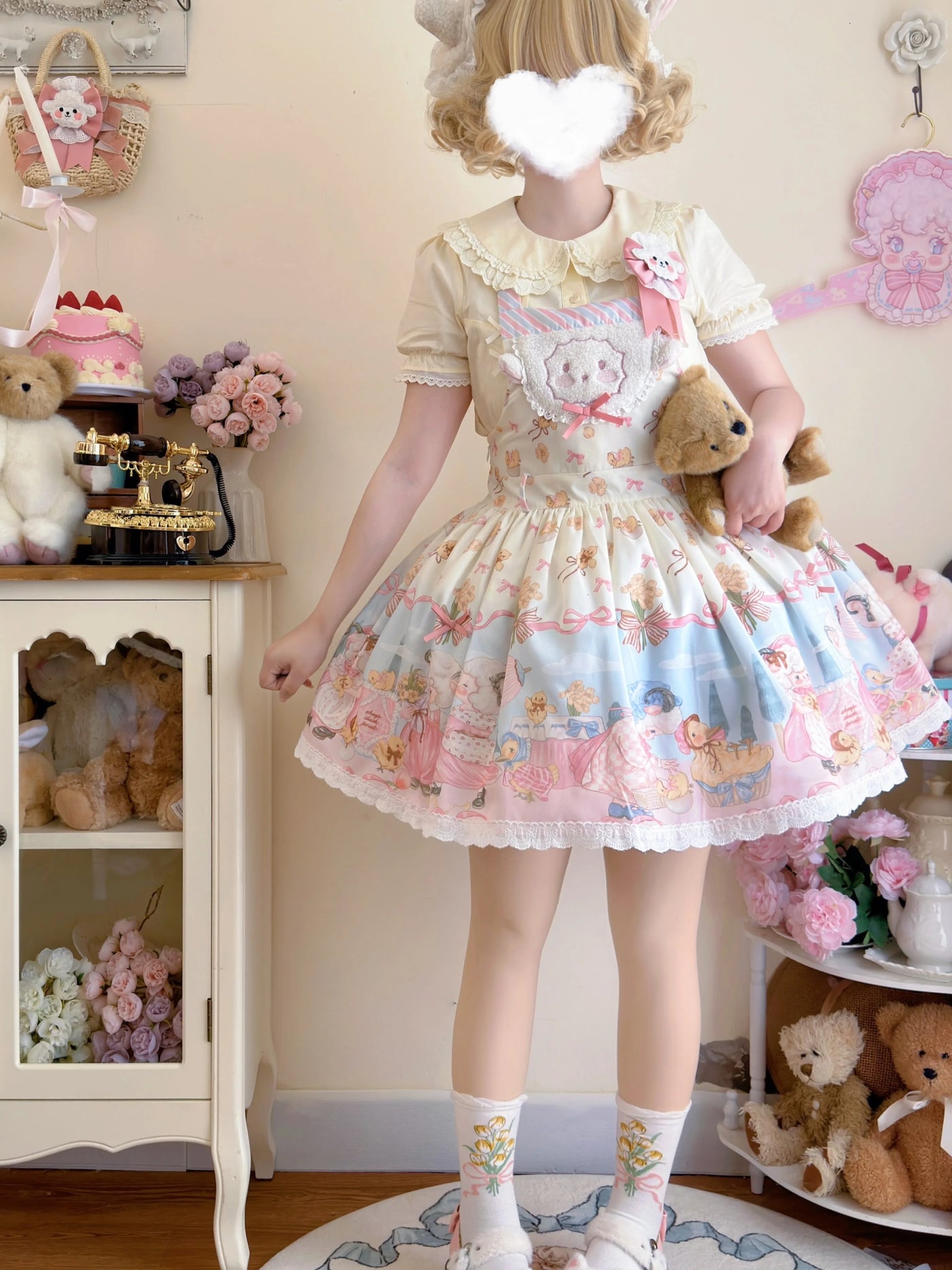 Cat Upon Cat - Sheep Waltz - Ecru Jumper Skirt with a Sheep Appliqué