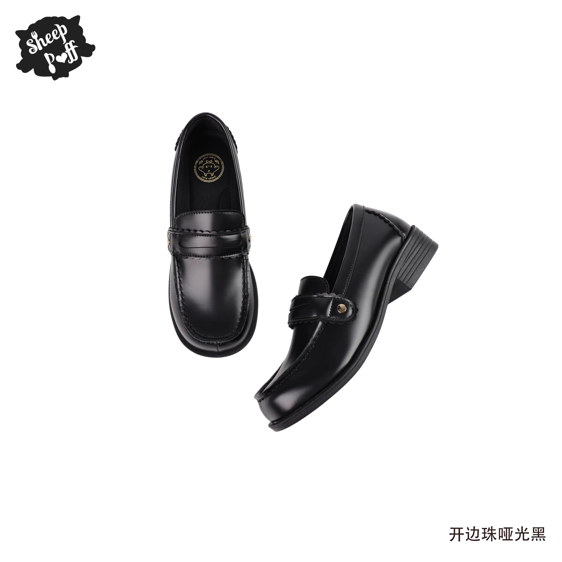 Sheep Puff Lolita shoes with white and black Mary Jane style design, featuring rounded toes and decorative bows.