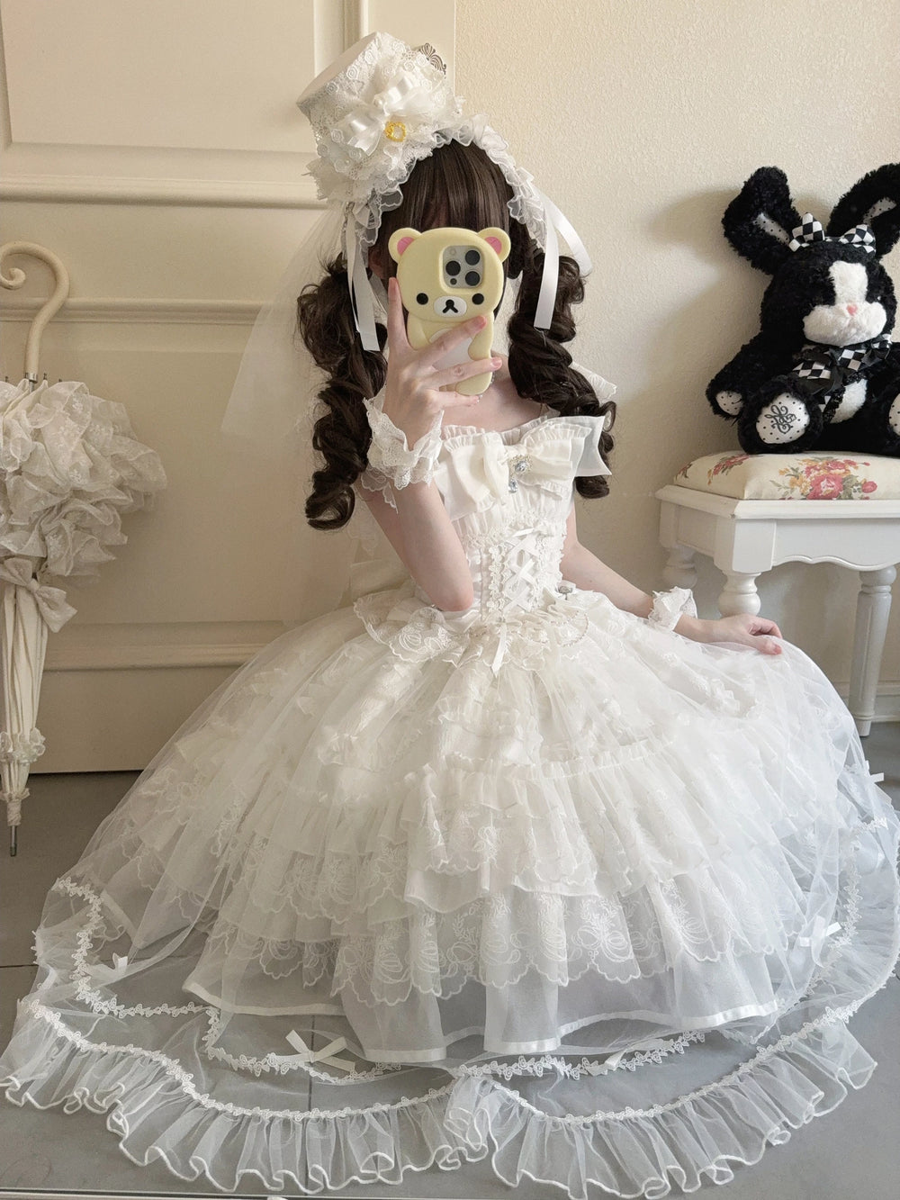 White Eternal Vow sweet lolita JSK with corset waist and tiered tulle skirt