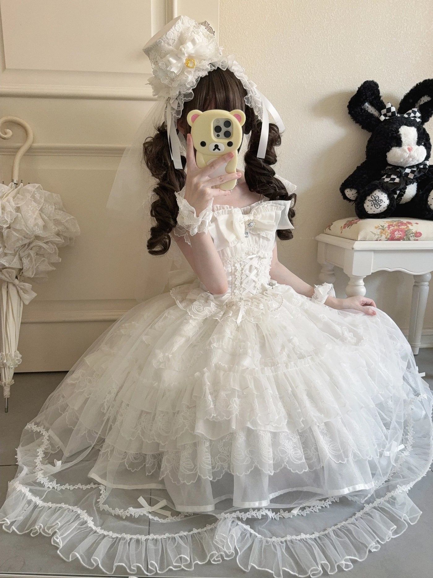 White Eternal Vow sweet lolita JSK with corset waist and tiered tulle skirt