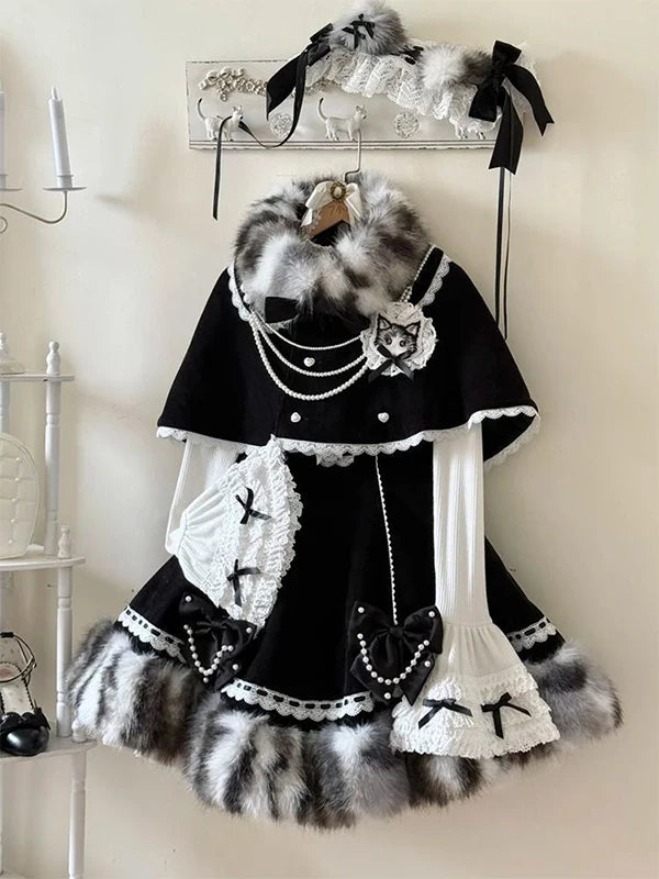 Creamy - Sweet Bow Layer - Bow Suspender Dress Set with Layering Top and Lace Short Cape