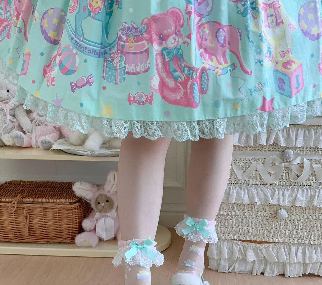 roji roji - Twin Star - Sheer Mid-Calf Socks with Lace Cuffs and Bow Accents