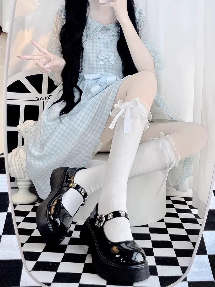 Floral Milk Cat - Bow Lace - Knee-high socks with ruffled tops and side bows