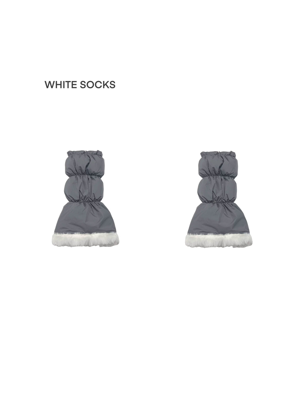 Padded gathered leg warmers with fluffy trim worn over leggings