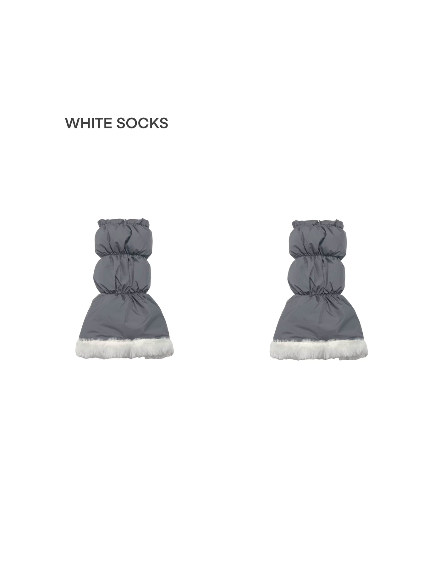 Padded gathered leg warmers with fluffy trim worn over leggings
