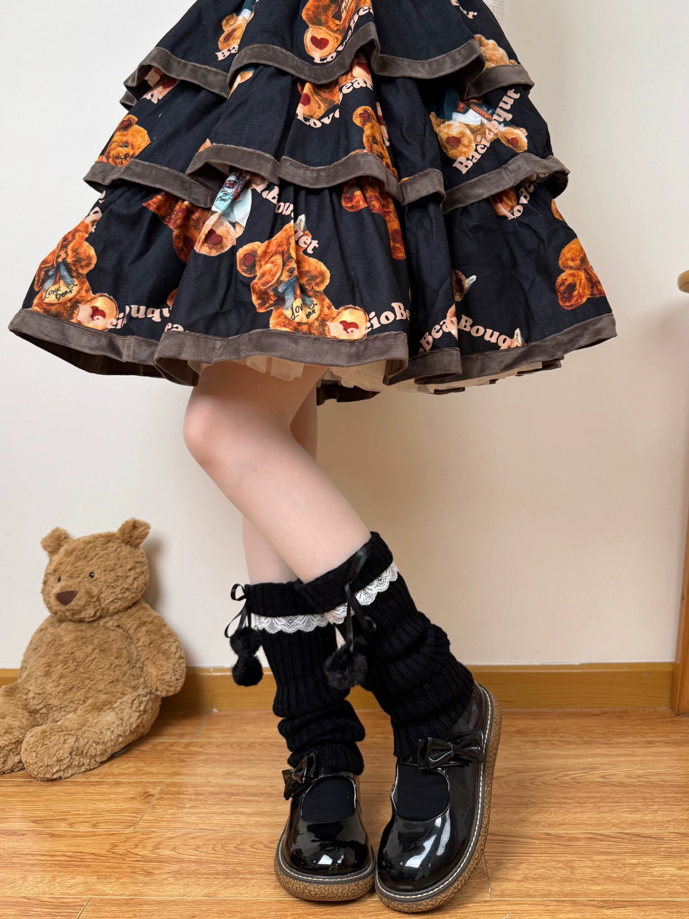 Chubby Bear Tales - Ribbon Knit - Scrunched Knit Leg-Warmer Socks with Ribbon Ties