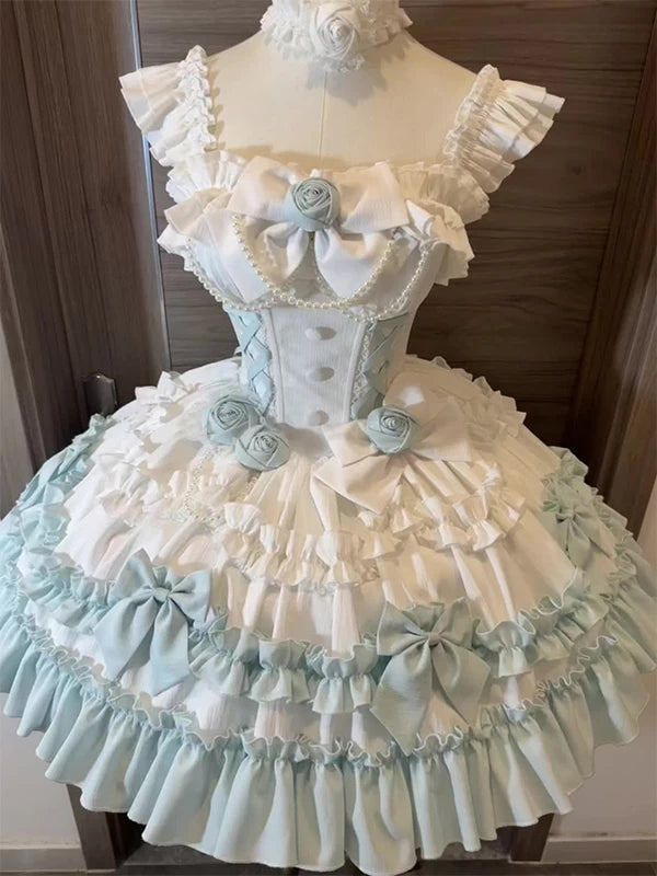 Creamy - Mint Rose Cascade - JSK with layered ruffles and a trailing skirt