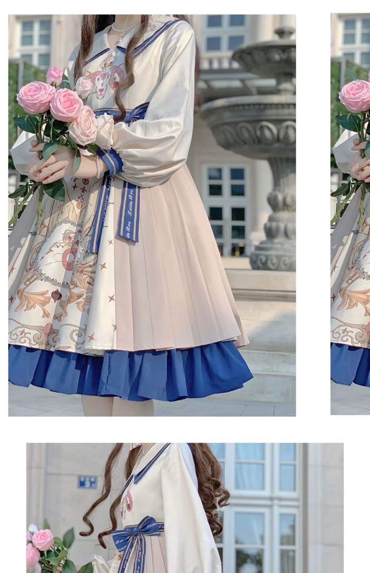 Baozi Pig - Sailor Blue - Natural-colour one-piece dress with a sailor collar