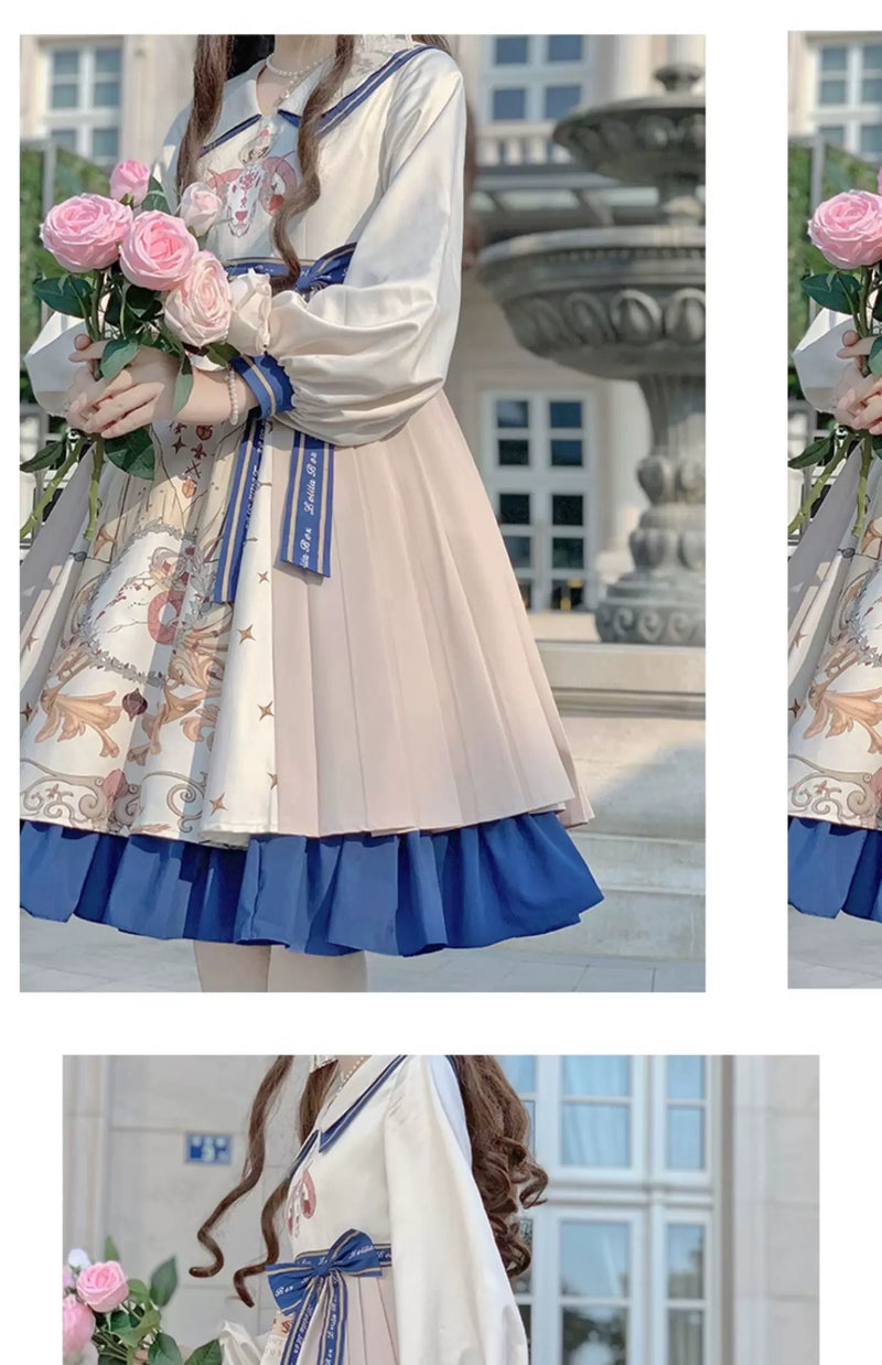 Baozi Pig - Sailor Blue - Natural-colour one-piece dress with a sailor collar