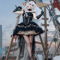 Zhijinyuan - Shimmering Dream - Jacquard JSK Dress with Bow Train - Black & Gold JSK + Chest Accessory + Back Bow Train / S
