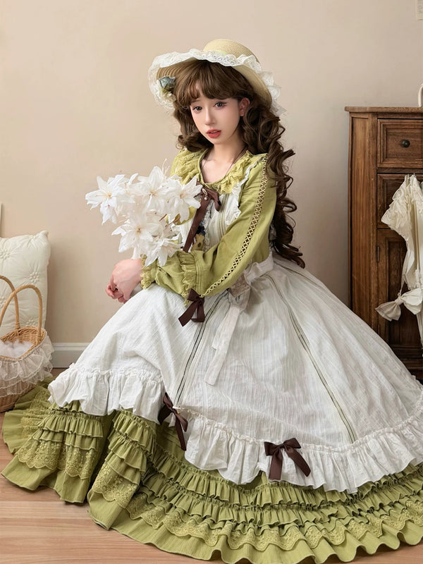 Olive green classic Lolita OP dress with tiered ruffles and white apron overlay
