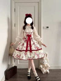 Thousand Wood - Red Peony - JSK Dress with a detachable long waist bow - Red Peony JSK (includes a detachable long waist bow), in stock / S