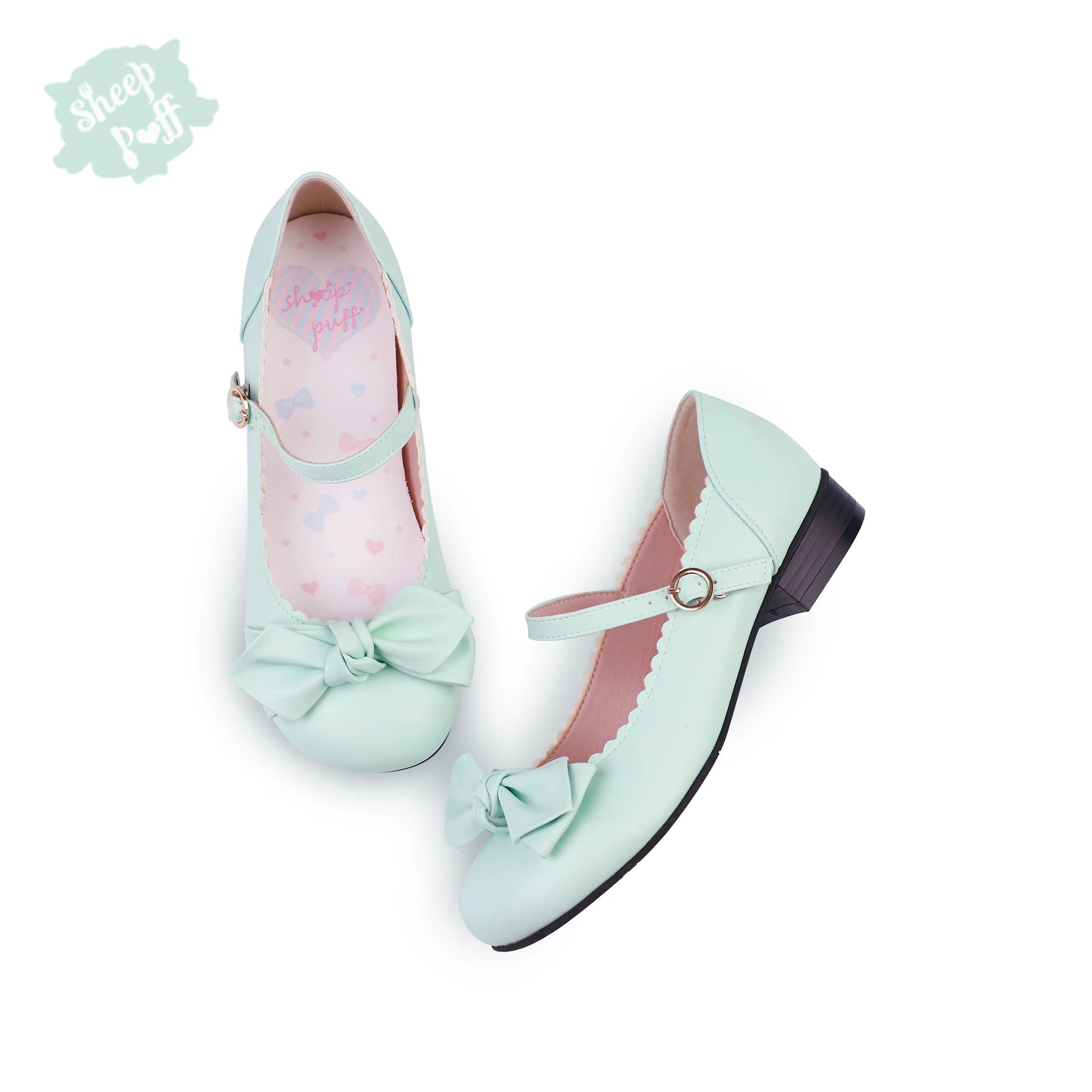 Sheep Puff Lolita shoes featuring rounded bow design in soft pastel colors with a cute, fluffy puff embellishment.