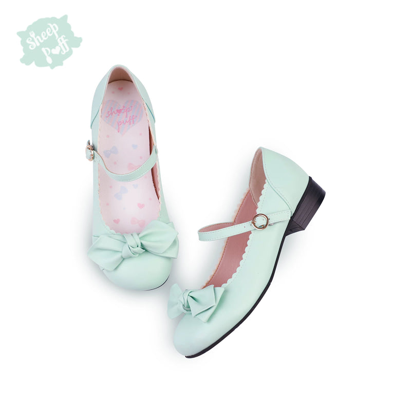 Sheep Puff Lolita shoes featuring rounded bow design in soft pastel colors with a cute, fluffy puff embellishment.