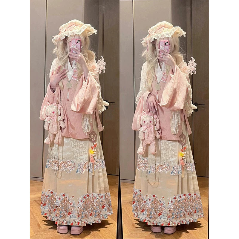 Creamy - Hanfu-Inspired Ensemble - Top, Mamian Skirt and Shawl