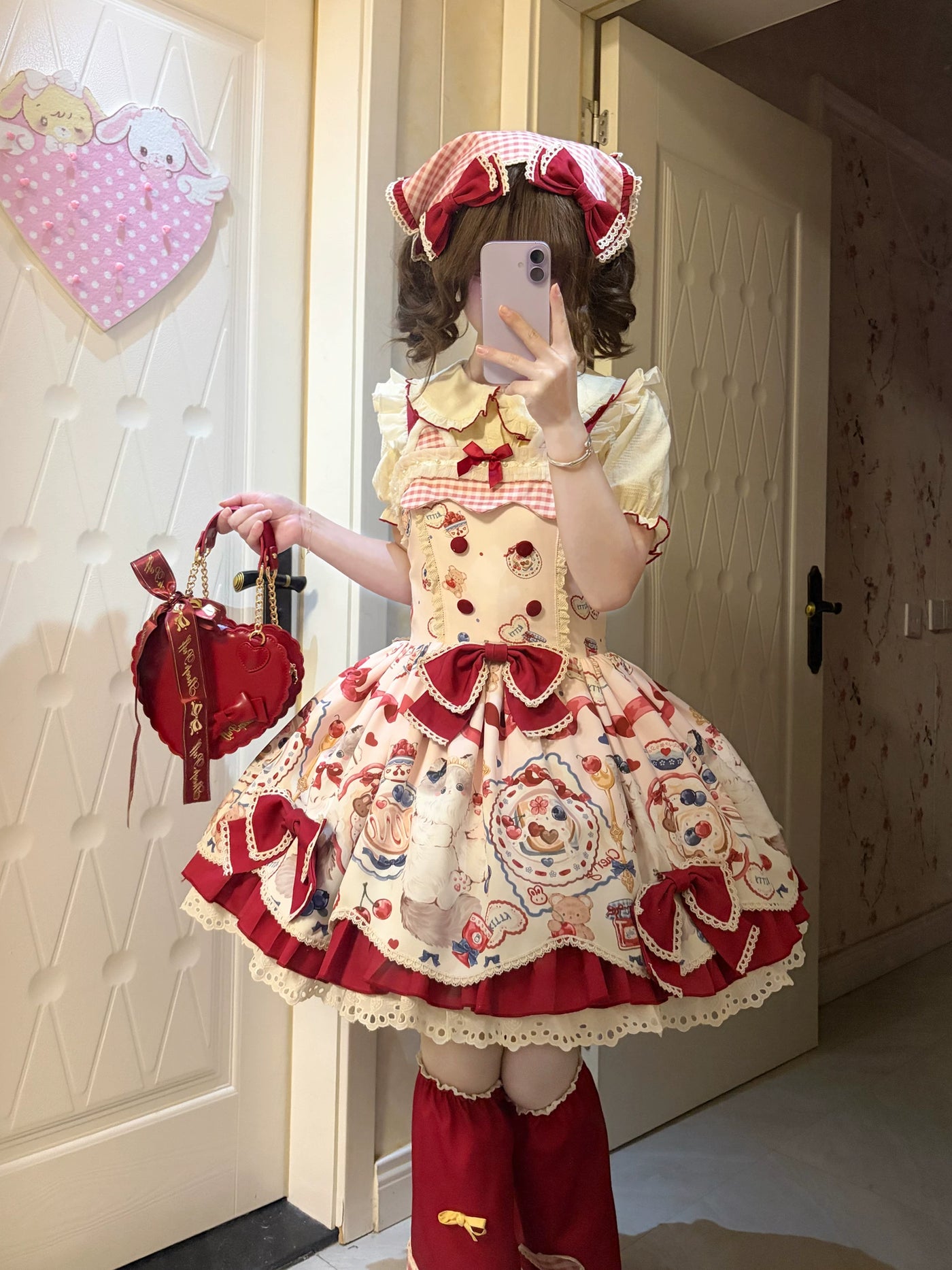 Fluffy Bunny Bubble Cake - Meow Meow Tea Party - Dessert-Print JSK Dress Set with Red Bows