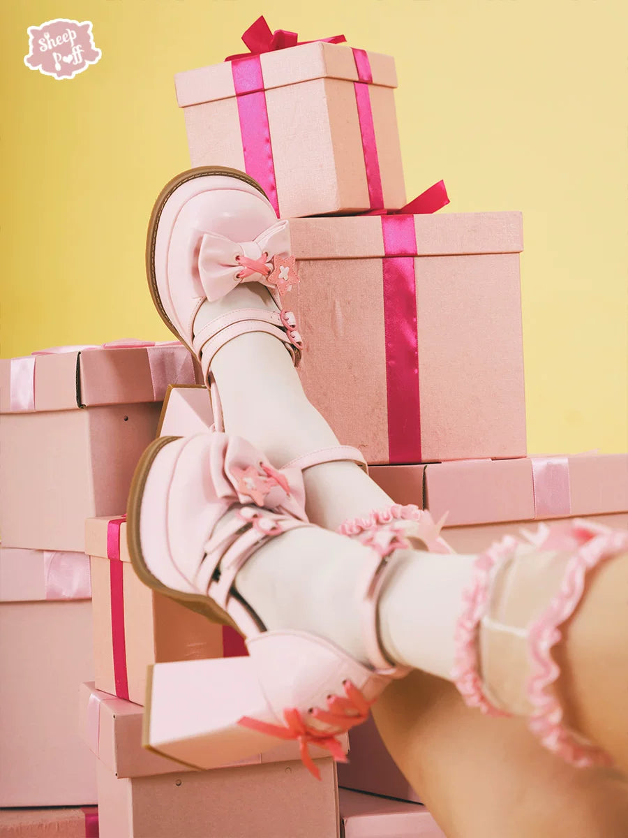Sheep Puff Star Barbie Lolita Heels in black with star puff details, stylish shoes with a cute, whimsical design.