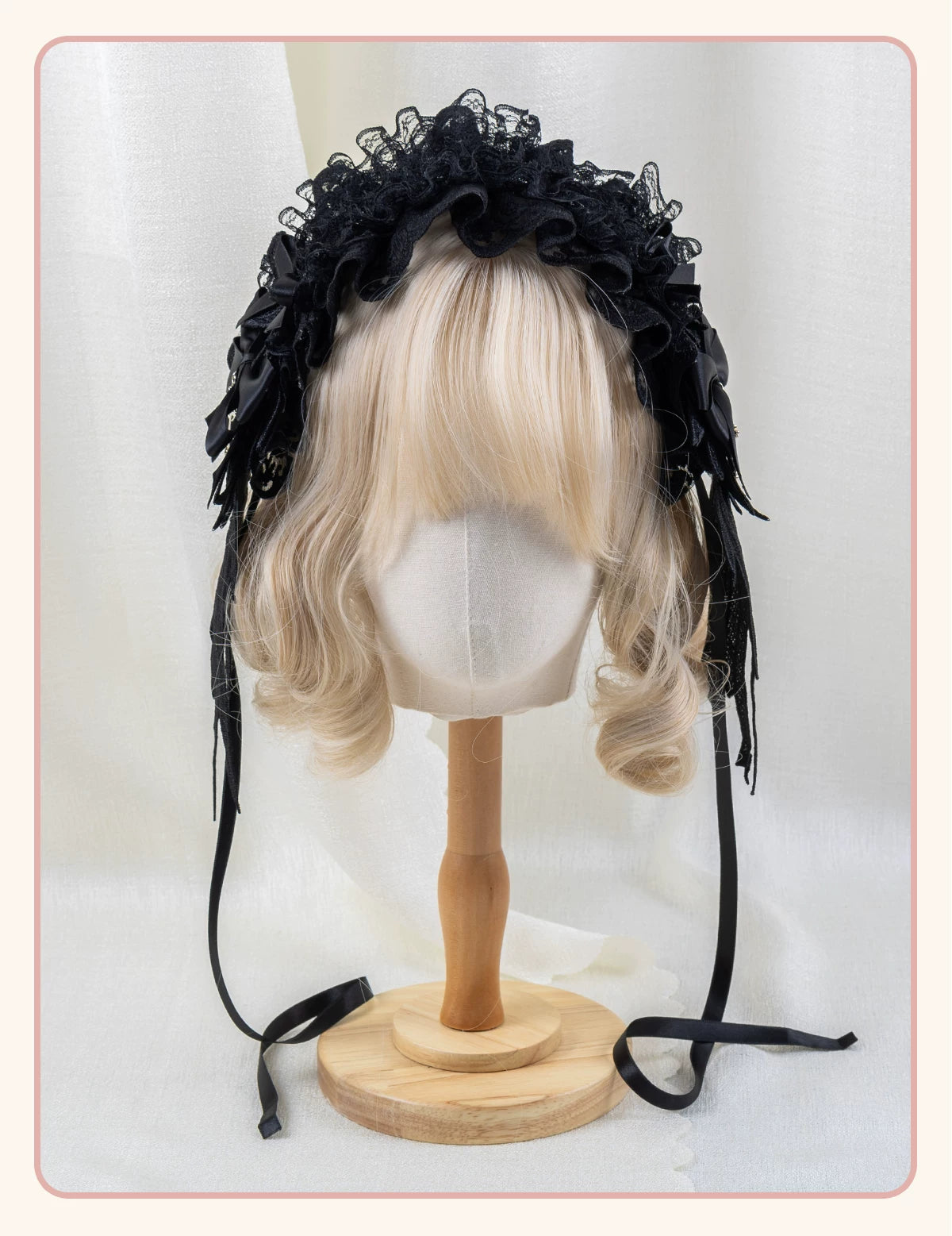 Stardust Rose - A035 Black Lace - Black Lace Headwear and Hand Sleeves with Ribbon Bows