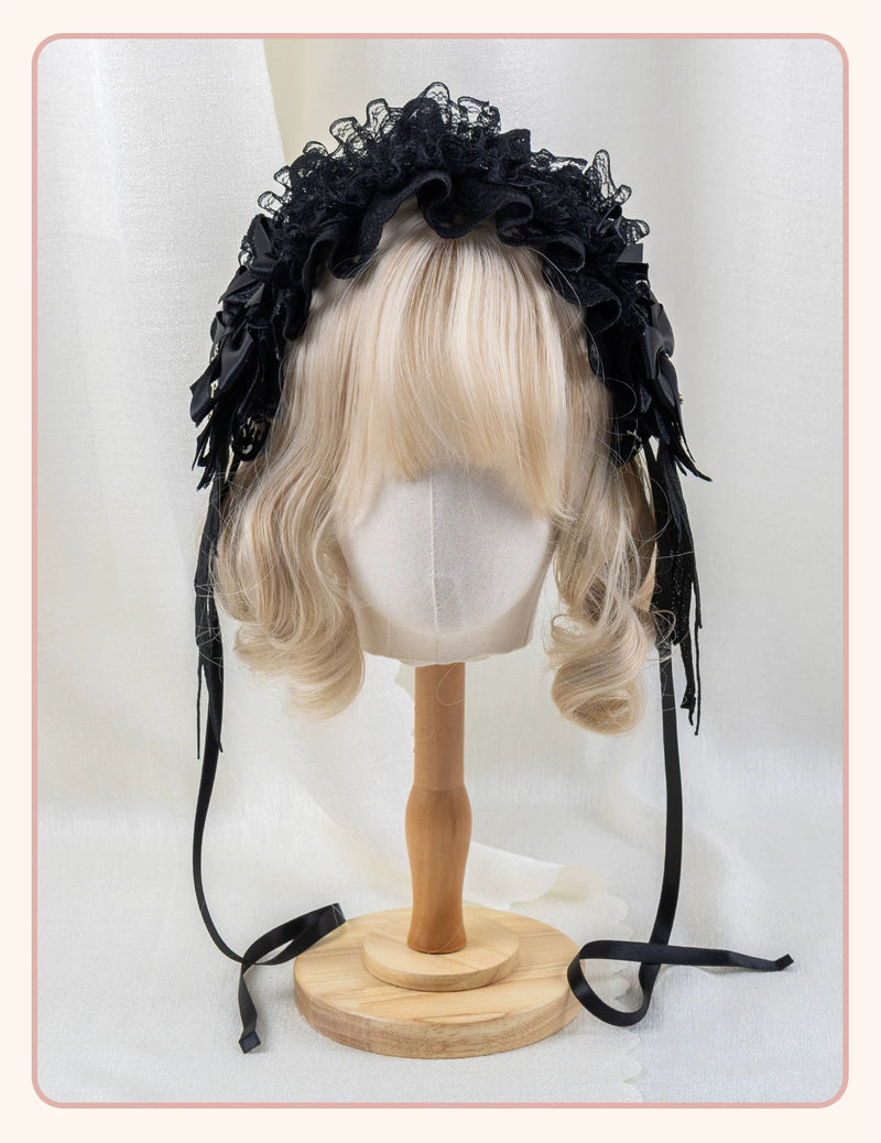 Stardust Rose - A035 Black Lace - Black Lace Headwear and Hand Sleeves with Ribbon Bows