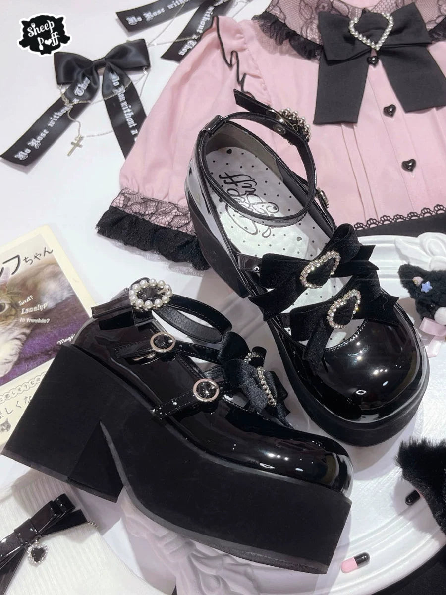 Sheep Puff Sweetheart Lace Platform Lolita Shoes with heart-shaped details and lace accents, stylish footwear for Lolita fashion.