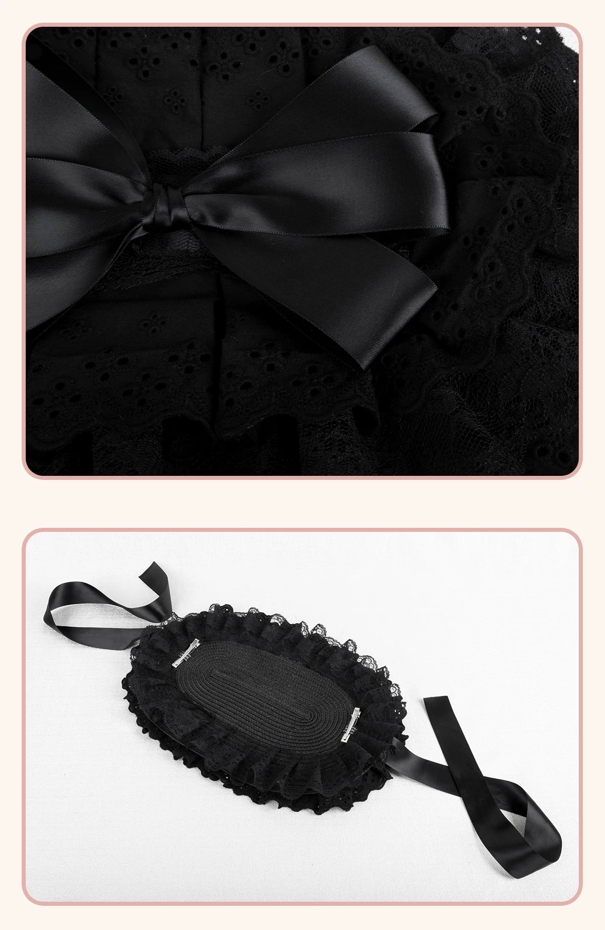 Stardust Rose - Gothic Lace - Black BNT Flat Hat with Layered Lace Trim