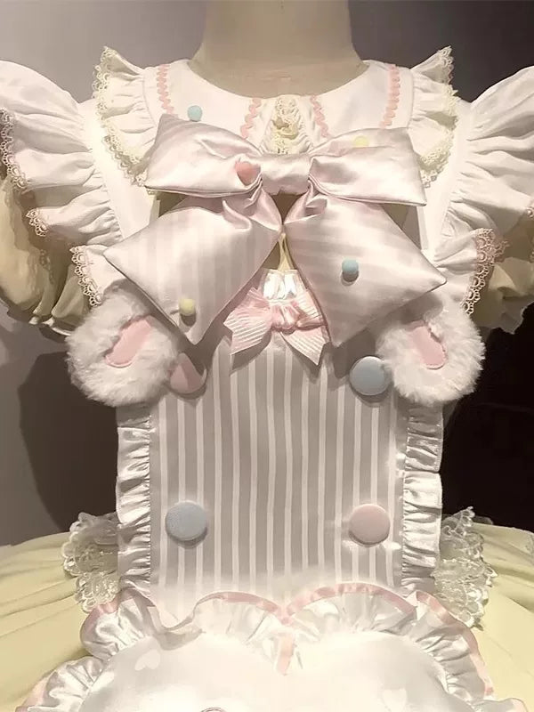 Creamy - Sweet Dessert - Yellow-and-pink OP Dress with Apron and Bow