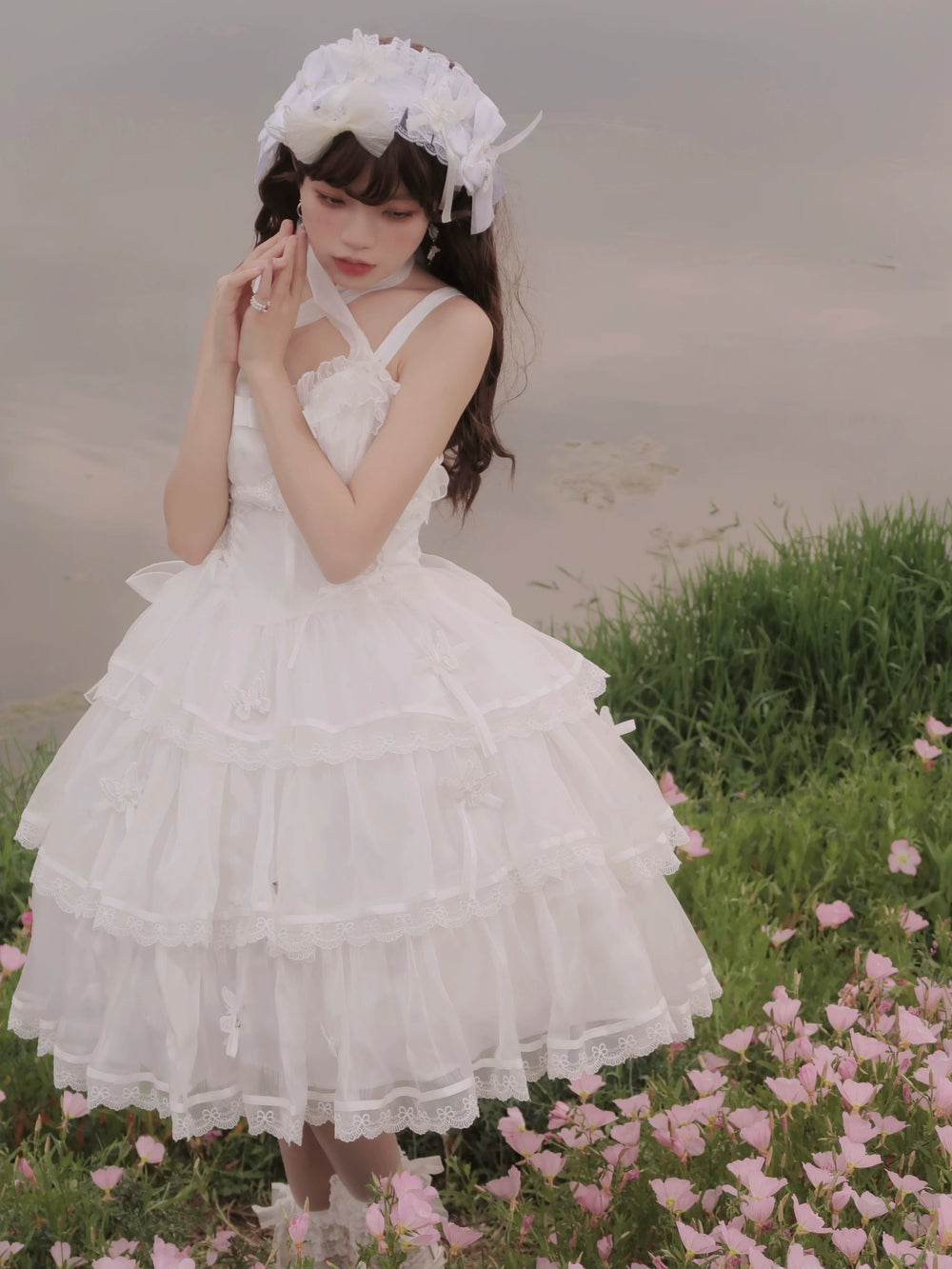 White tiered lace-trimmed tulle OP or JSK dress with layered skirt