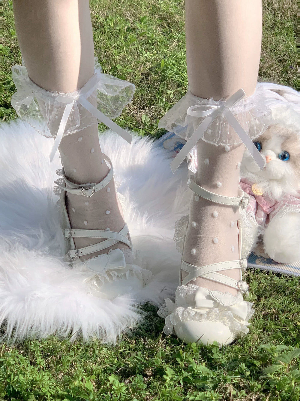 Fantasy Doll white lace bow socks styled with Mary Jane shoes