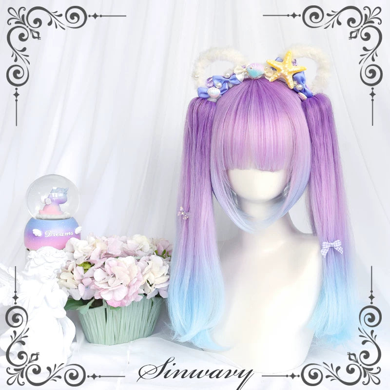 Blue-purple gradient bob hairpiece with twin ponytails - view 8