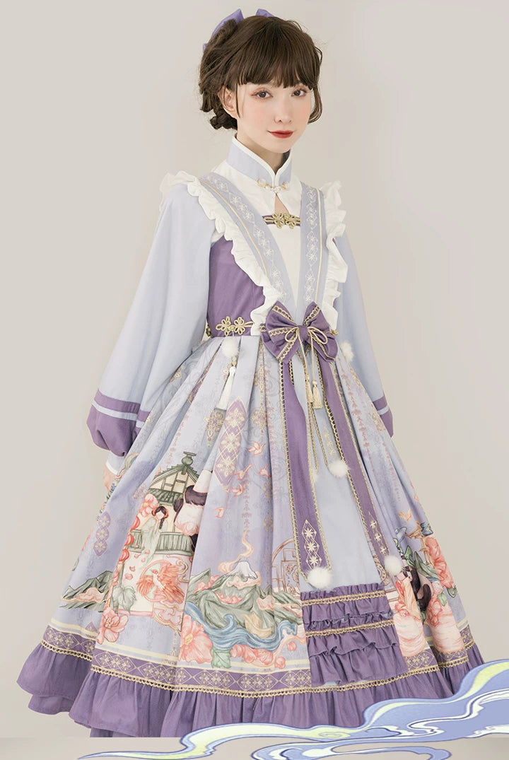 Baozi Pig - Spring Dawn - Chinese-Style OP Dress Set with Gold Trim