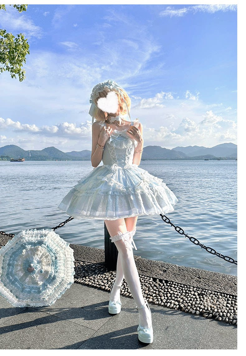 Zhijinyuan Candy House Lace JSK — Blue JSK full outfit styling