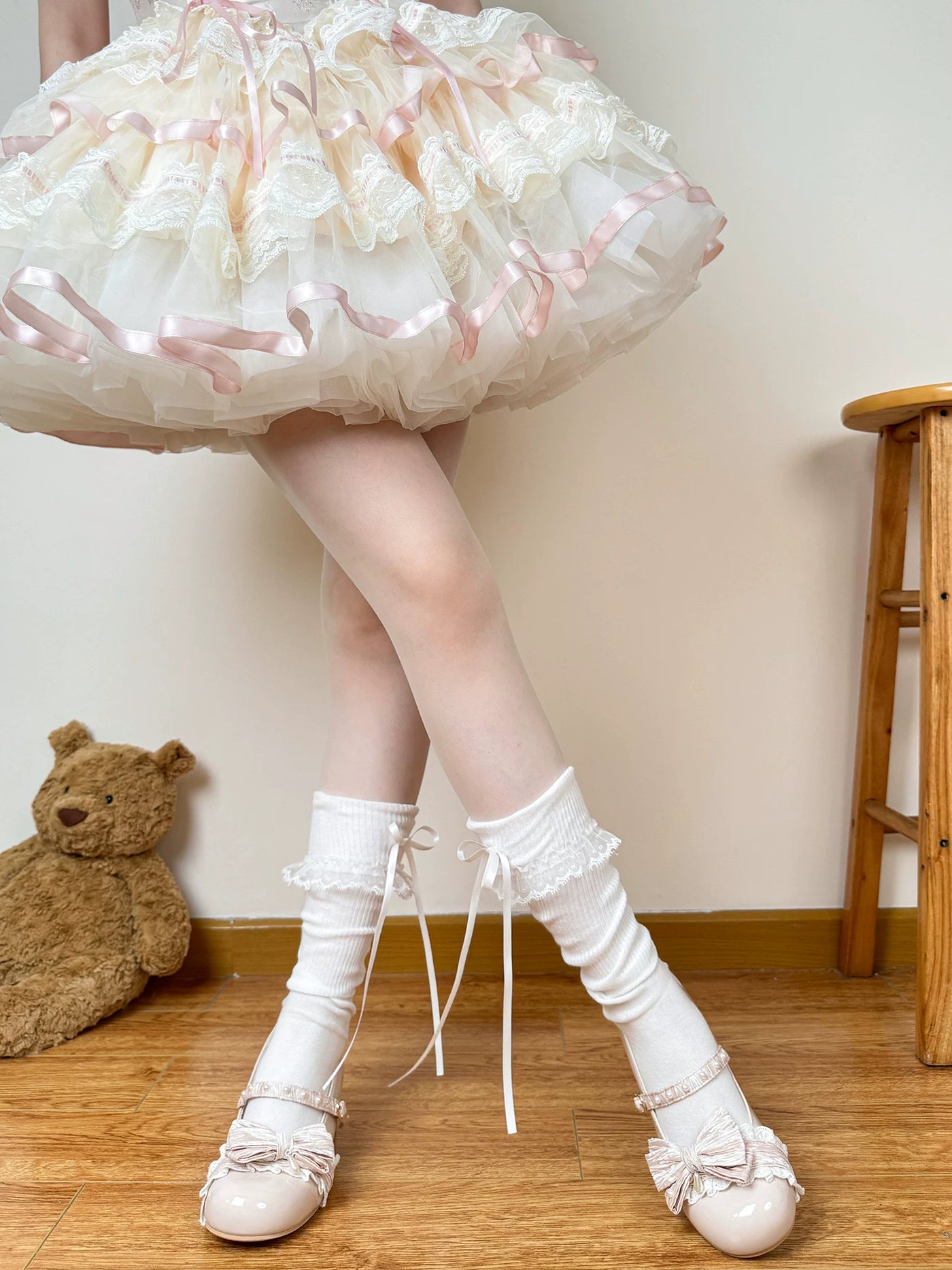 Chubby Bear Tales - Cream Ballet - Calf Socks with Lace Trim and Ribbon Bows