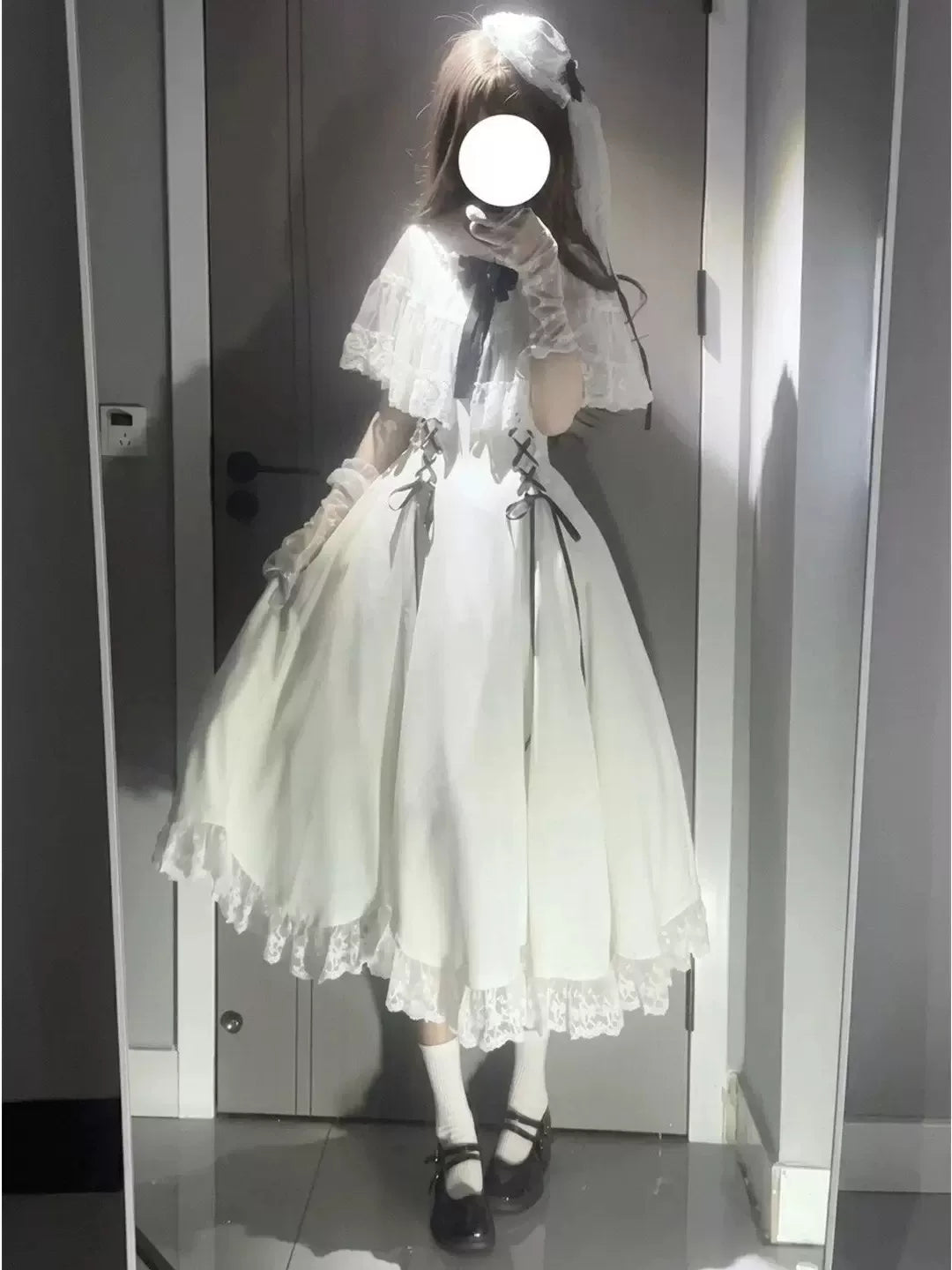 Creamy - White Lace - White OP with a Defined Waist and Lace-Trimmed Cape Sleeves