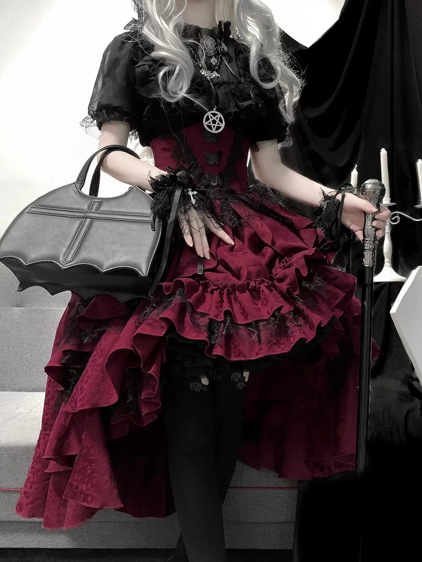 Creamy - Manor Nocturne - Black Blouse and Red Suspender Skirt Set with Ruffled Sleeves